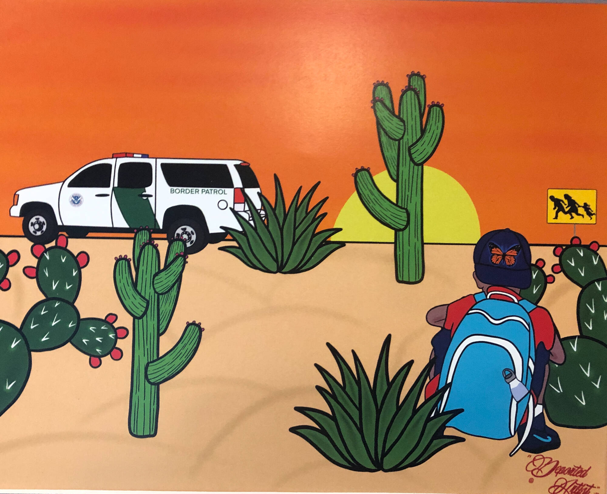 Colorful image of a young boy with a backpack hiding behind a cactus from a white vehicle.
